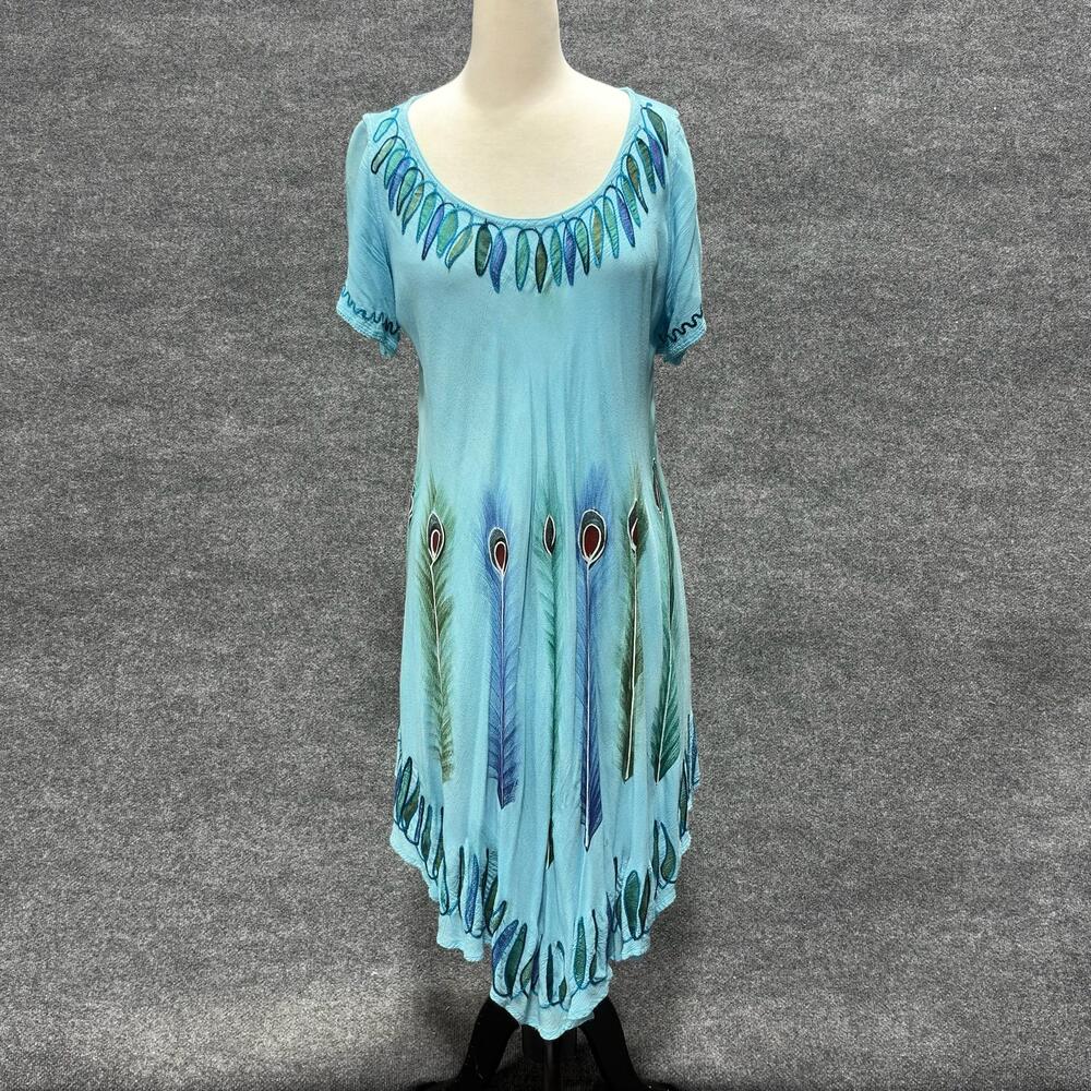 Shoreline Dress Womens One Size Blue Peacock Feather Asym Hem Boho Beach Rayon